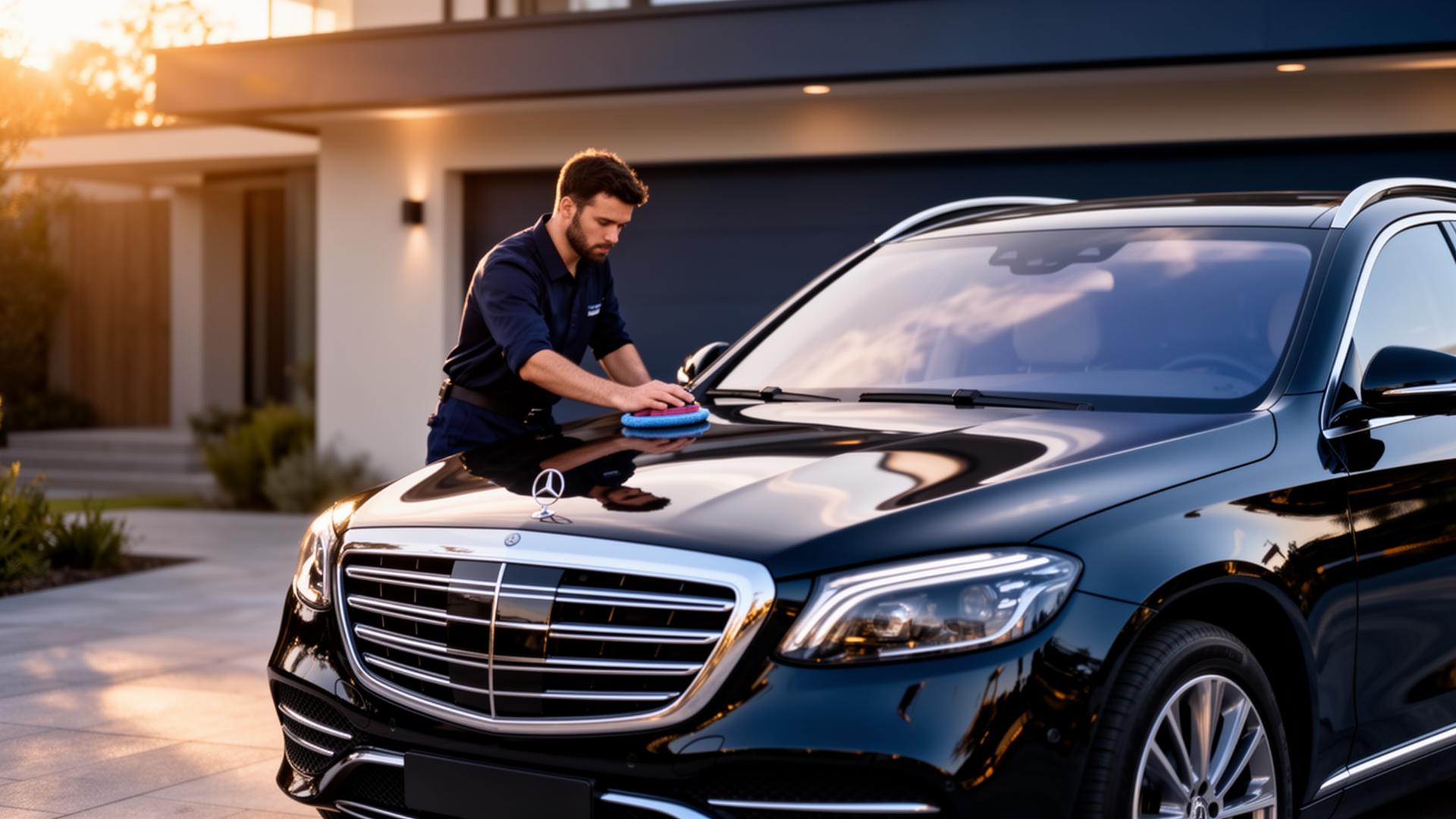 A CarShyn Pro detailing a luxury vehicle in a driveway
